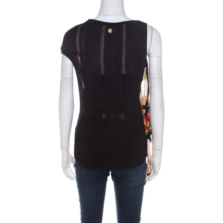 مملوكة مسبقًا Roberto Cavalli Multicolor Abstract Printed Silk Asymmetrical Shoulder Detail Top S
