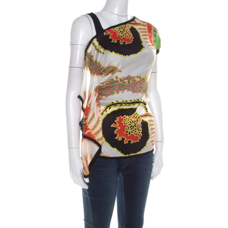 مملوكة مسبقًا Roberto Cavalli Multicolor Abstract Printed Silk Asymmetrical Shoulder Detail Top S