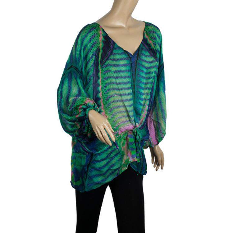 Pre Owned Roberto Cavallli Green Printed Silk Kaftan Blouse M