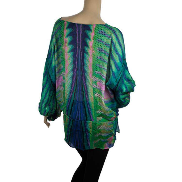 Pre Owned Roberto Cavallli Green Printed Silk Kaftan Blouse M