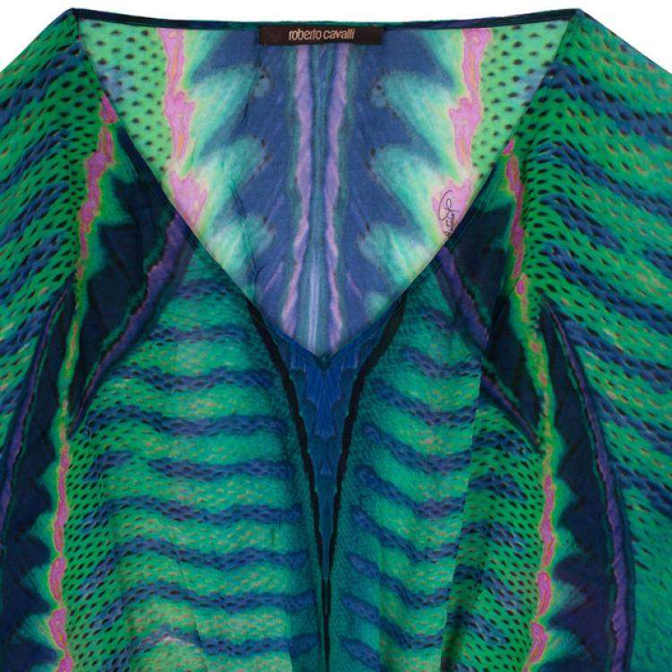 Pre Owned Roberto Cavallli Green Printed Silk Kaftan Blouse M