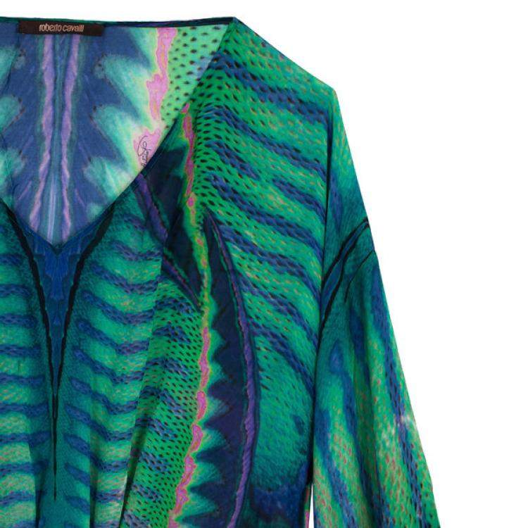 Pre Owned Roberto Cavallli Green Printed Silk Kaftan Blouse M