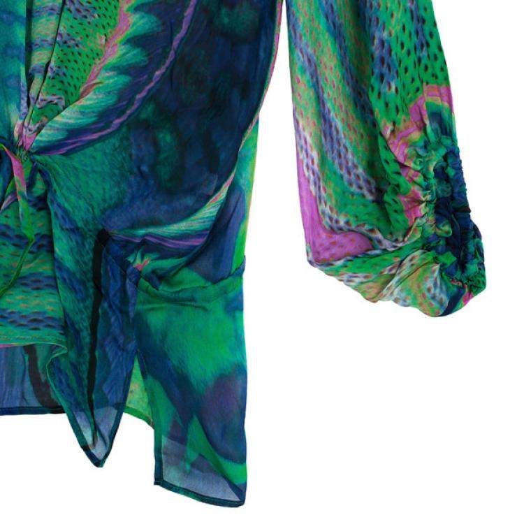 Pre Owned Roberto Cavallli Green Printed Silk Kaftan Blouse M