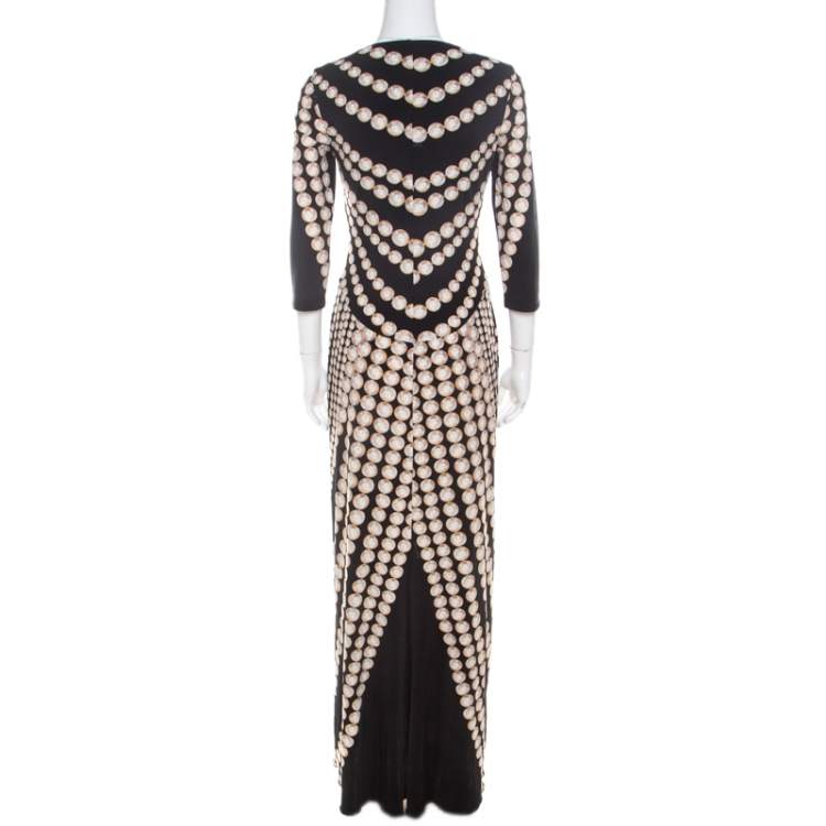 Pre Owned Roberto Cavalli Black Coin Printed Jersey Neck Detail Maxi Dress M