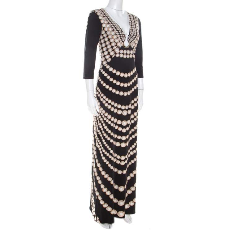 Pre Owned Roberto Cavalli Black Coin Printed Jersey Neck Detail Maxi Dress M