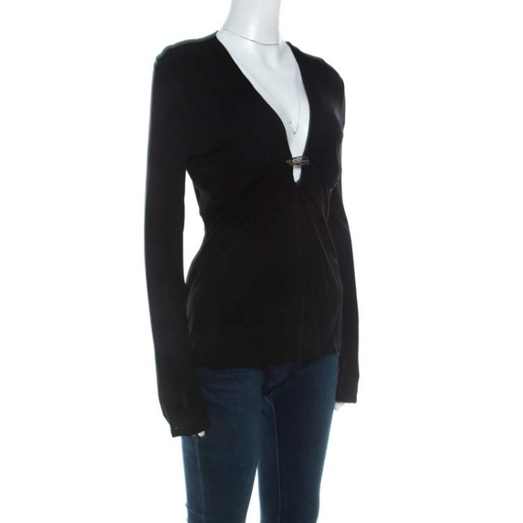 مملوكة مسبقًا Roberto Cavalli Black Draped Jersey Brooch Neckline Detail Top M 