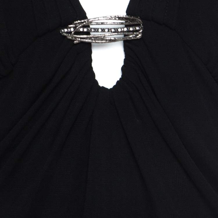 مملوكة مسبقًا Roberto Cavalli Black Draped Jersey Brooch Neckline Detail Top M 