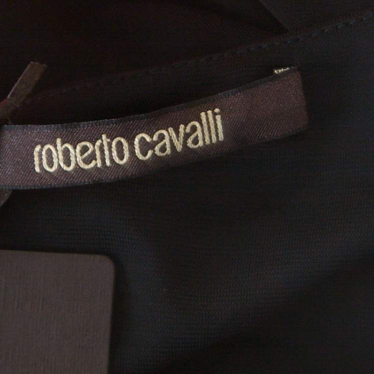 مملوكة مسبقًا Roberto Cavalli Black Draped Jersey Brooch Neckline Detail Top M 