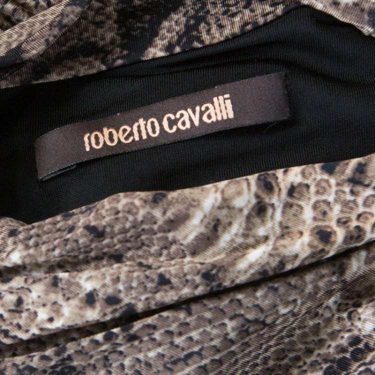 Pre Owned Roberto Cavalli Brown Snake Printed Jersey Ruched Detail Dress S