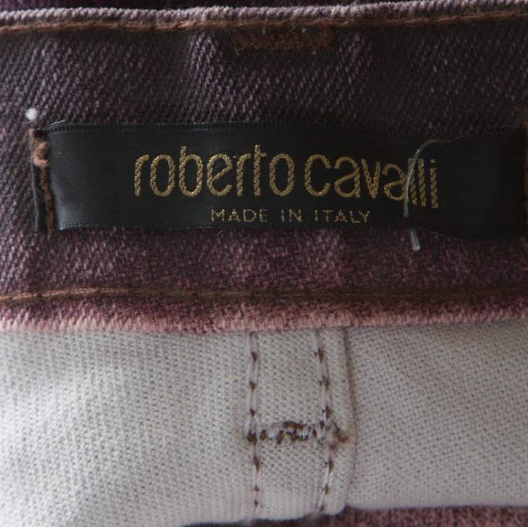 Pre Owned Roberto Cavalli Bordeaux Faded Effect Denim Snakeskin Print High Waist Jeans S