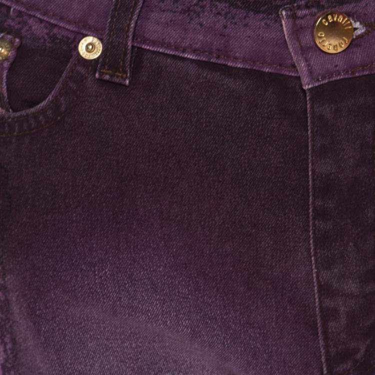 Pre Owned Roberto Cavalli Bordeaux Faded Effect Denim Snakeskin Print High Waist Jeans S
