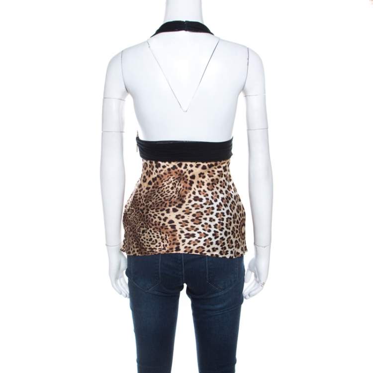 Pre Owned Roberto Cavalli Brown Cheetah Print Silk Tulle Trim Halter Top S