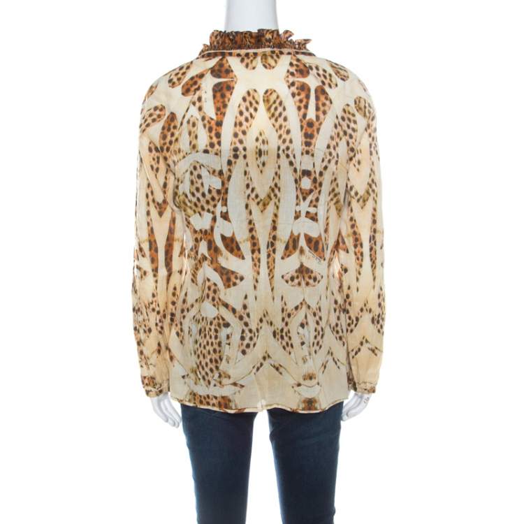Pre Owned Roberto Cavalli Beige Leopard Printed Cotton Ruched Neckline Poet Blouse M 