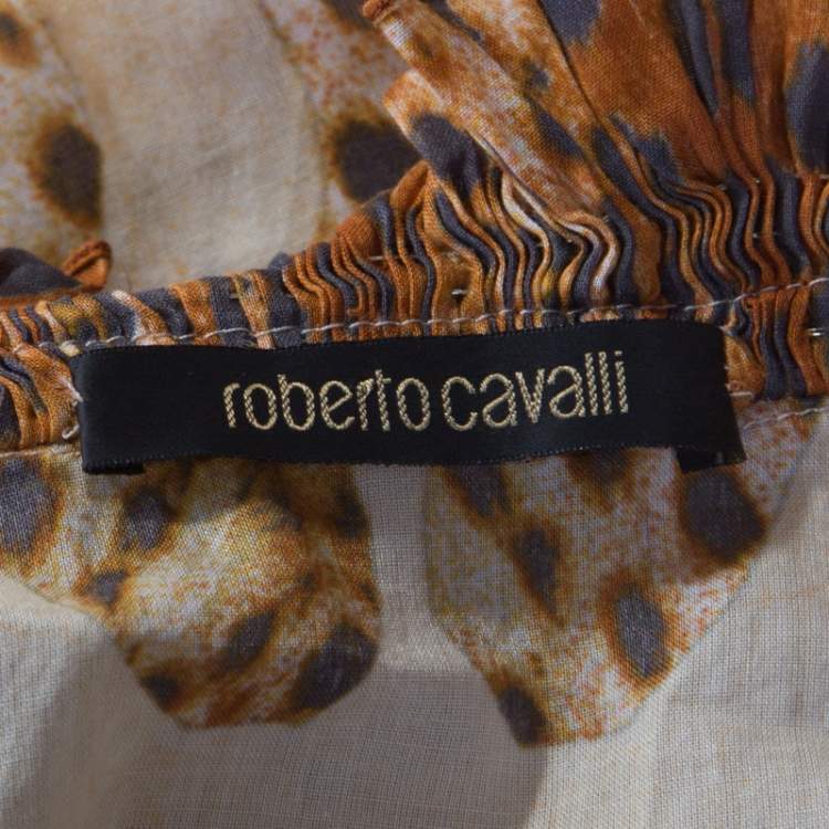 Pre Owned Roberto Cavalli Beige Leopard Printed Cotton Ruched Neckline Poet Blouse M 