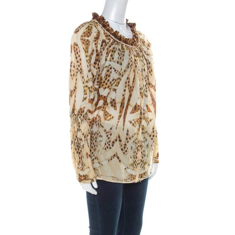 Pre Owned Roberto Cavalli Beige Leopard Printed Cotton Ruched Neckline Poet Blouse M 