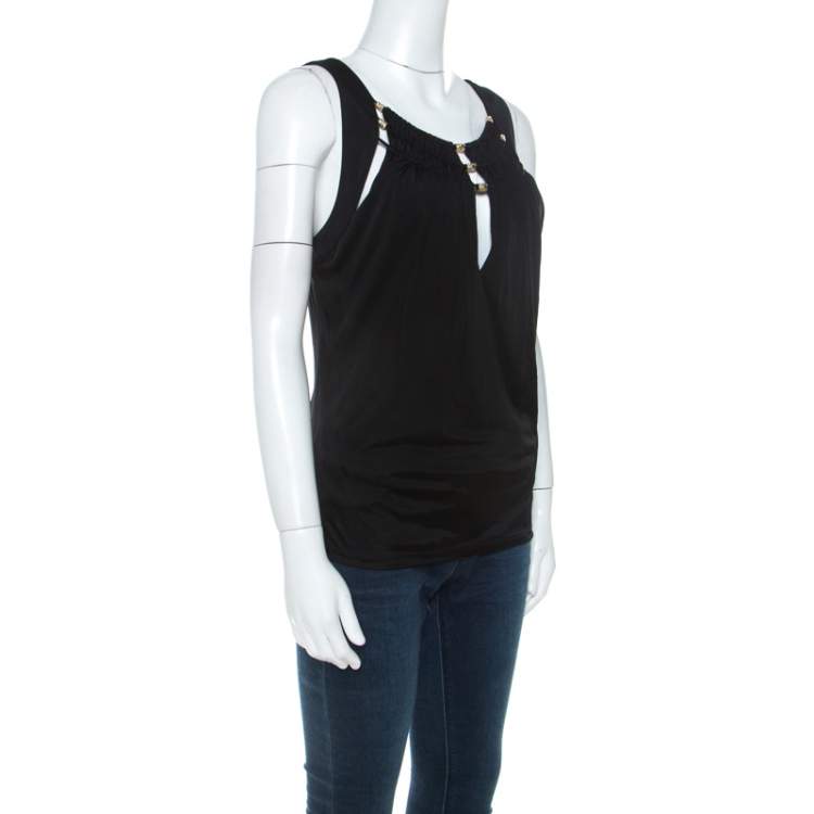 Pre Owned Roberto Cavalli Black Jersey Gold Serpent Embellished Cutout Top M 