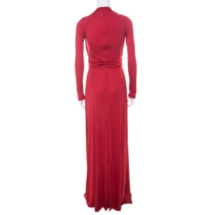 مملوكة مسبقًا Roberto Cavalli Red Stretch Jersey Long Sleeve Maxi Dress S 