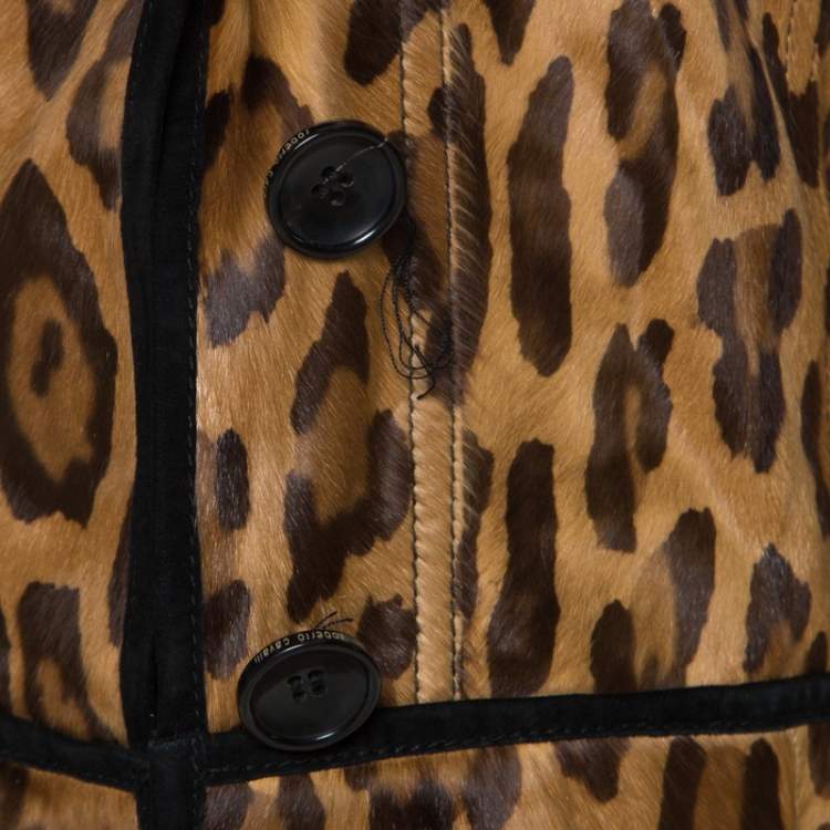 Pre Owned Roberto Cavalli Brown Leopard Pattern Goatskin Fur and Suede Jacket S 
