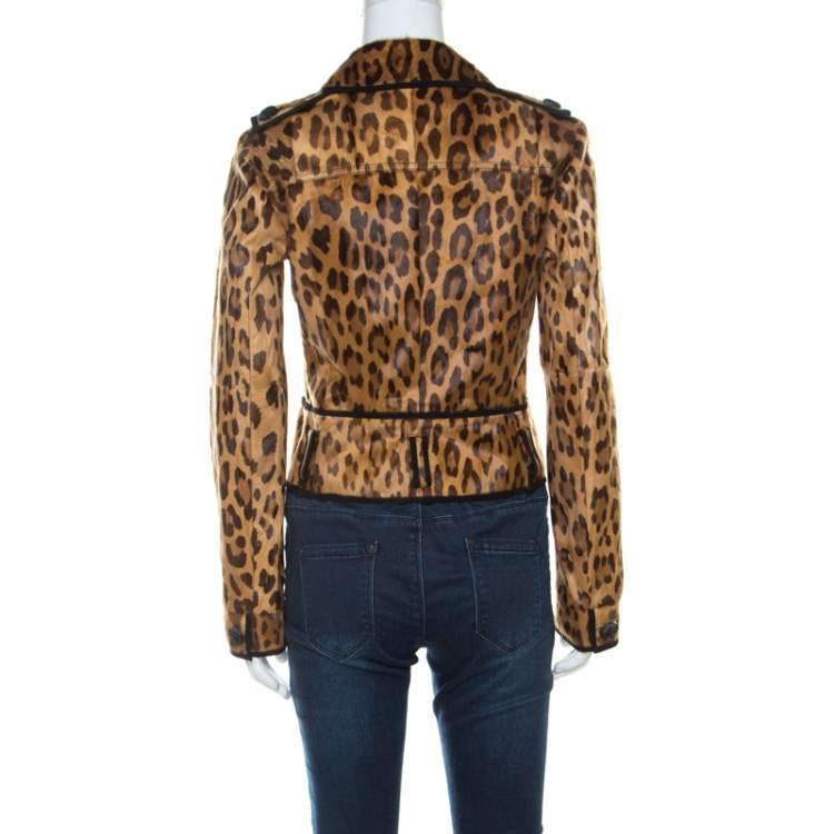 Pre Owned Roberto Cavalli Brown Leopard Pattern Goatskin Fur and Suede Jacket S 