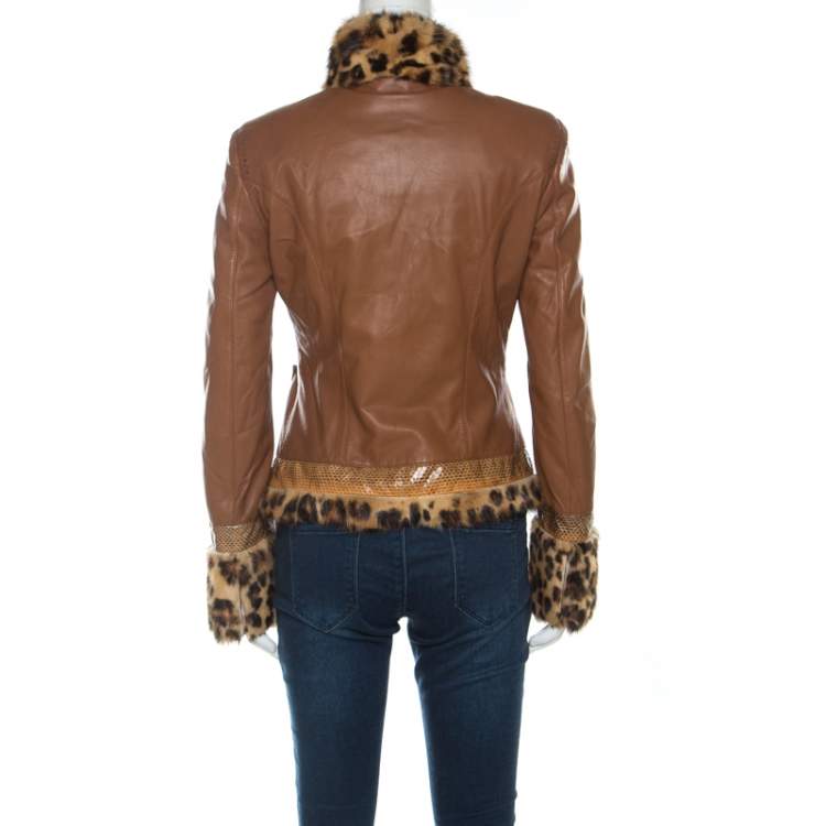 Pre Owned Roberto Cavalli Brown Leather Fur Lined Jacket M 