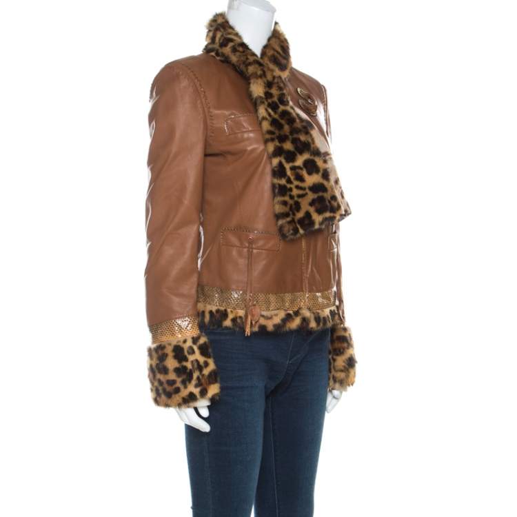 Pre Owned Roberto Cavalli Brown Leather Fur Lined Jacket M 