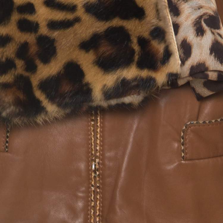 Pre Owned Roberto Cavalli Brown Leather Fur Lined Jacket M 