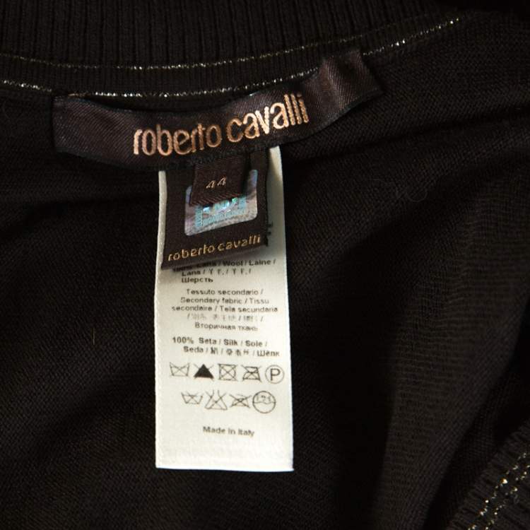 Pre Owned Roberto Cavalli Brown Ribbed Knit Wool Printed Silk Insert Turtleneck Top M