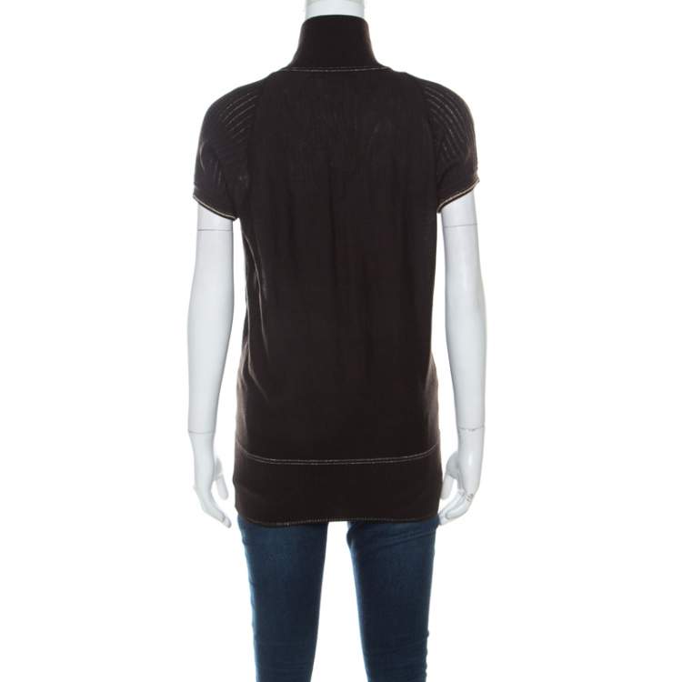 Pre Owned Roberto Cavalli Brown Ribbed Knit Wool Printed Silk Insert Turtleneck Top M