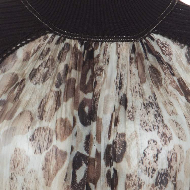 Pre Owned Roberto Cavalli Brown Ribbed Knit Wool Printed Silk Insert Turtleneck Top M