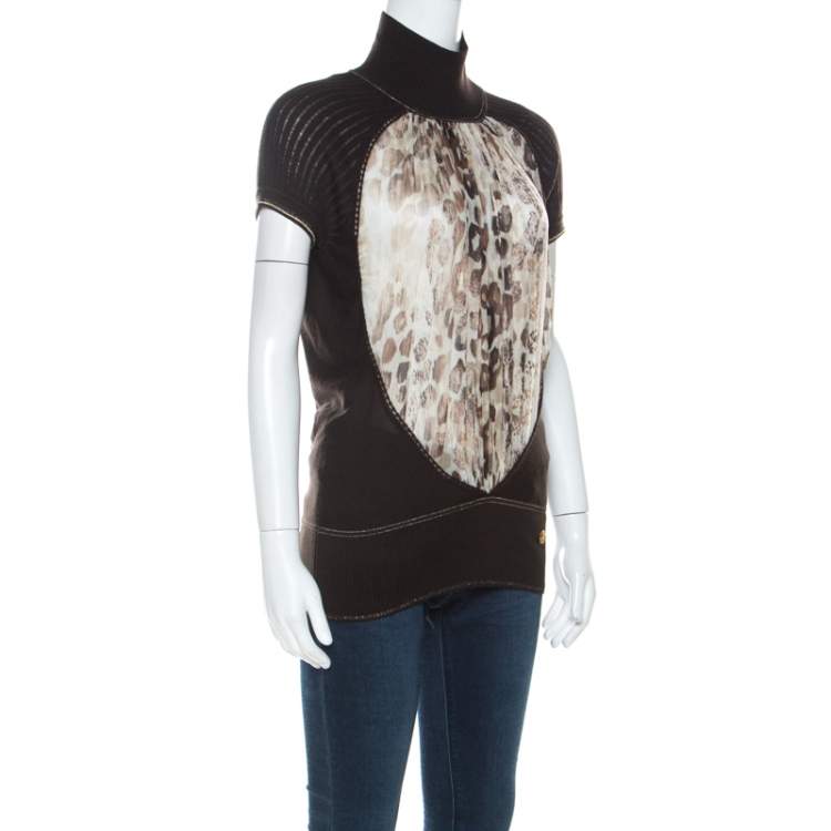 Pre Owned Roberto Cavalli Brown Ribbed Knit Wool Printed Silk Insert Turtleneck Top M