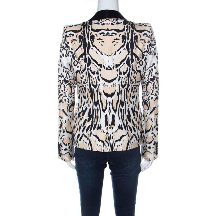 Pre Owned Roberto Cavalli Beige & Black Leopard Print Silk Blazer S 
