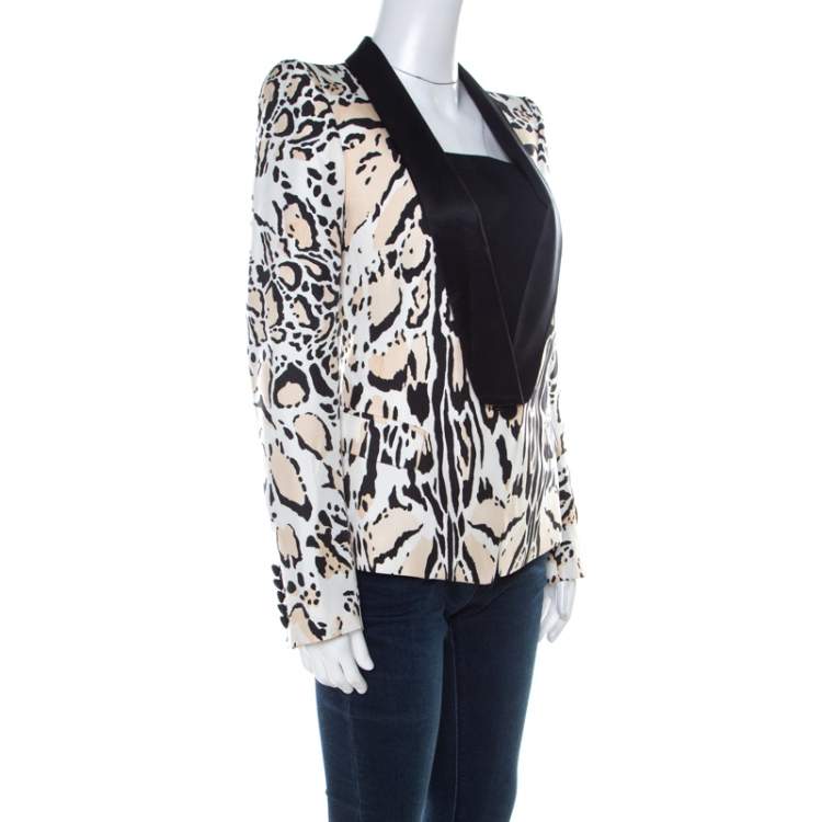 Pre Owned Roberto Cavalli Beige & Black Leopard Print Silk Blazer S 