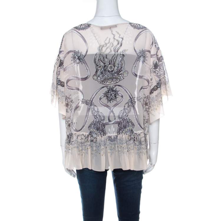 Pre Owned Roberto Cavalli Cream and Brown Silk Chiffon Botanical Print Top M 