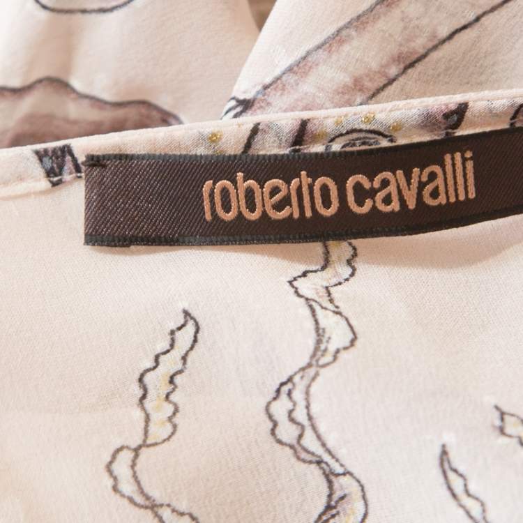 Pre Owned Roberto Cavalli Cream and Brown Silk Chiffon Botanical Print Top M 