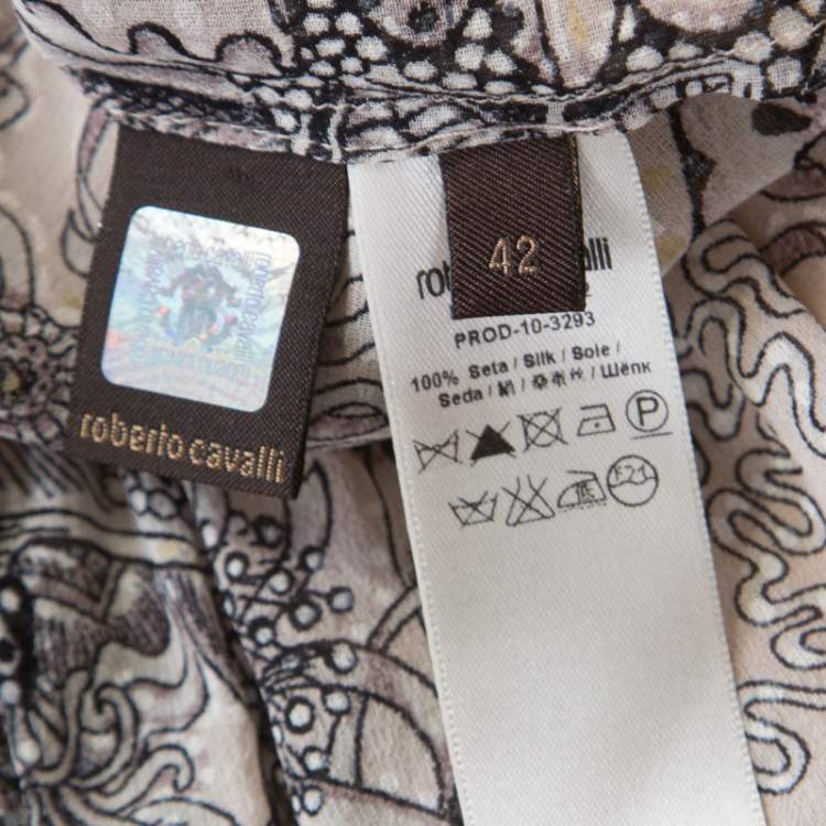 Pre Owned Roberto Cavalli Cream and Brown Silk Chiffon Botanical Print Top M 