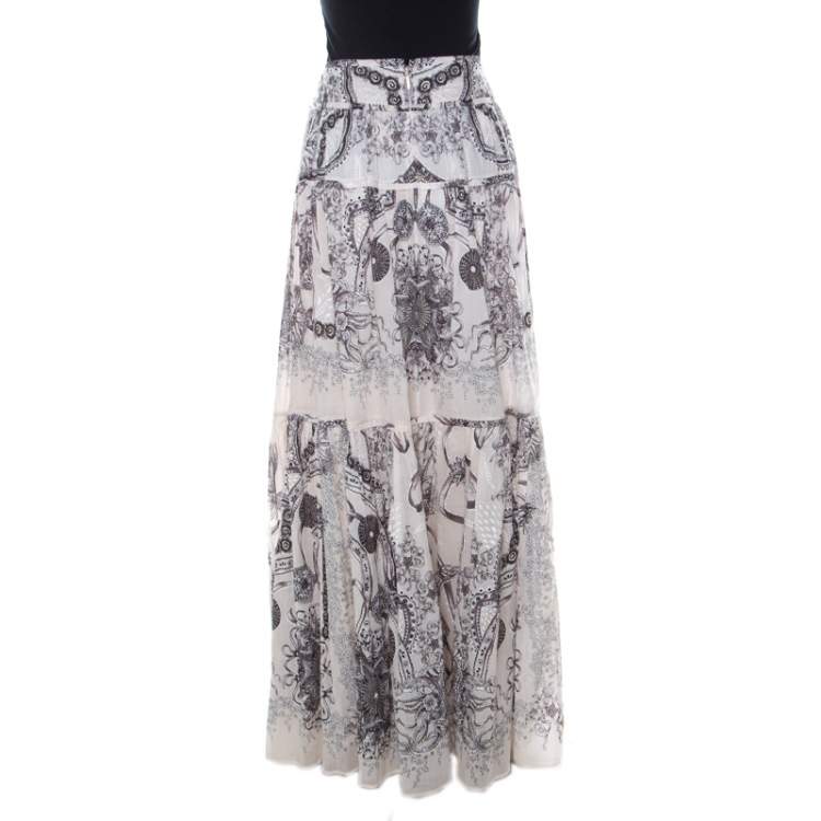 مملوكة مسبقًا Roberto Cavalli Cream Botanical Print Tiered Maxi Skirt M