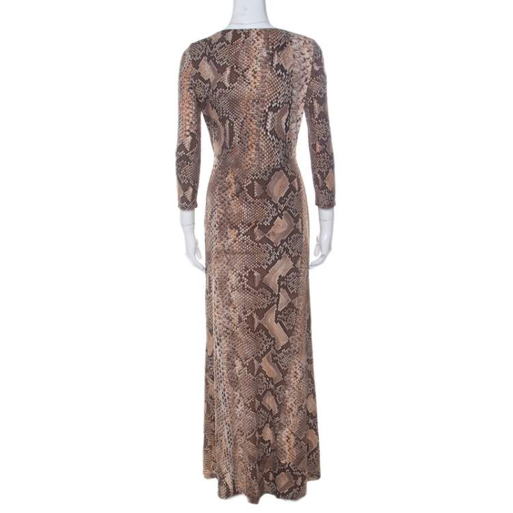 مملوكة مسبقًا Roberto Cavalli Brown Python Print Front Lace Detail Maxi Dress M