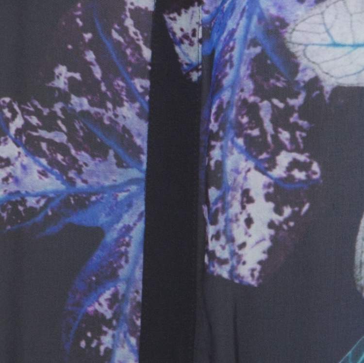 Pre Owned Roberto Cavalli Black and Purple Floral Printed Silk Elasticized Waist Sheer Top M