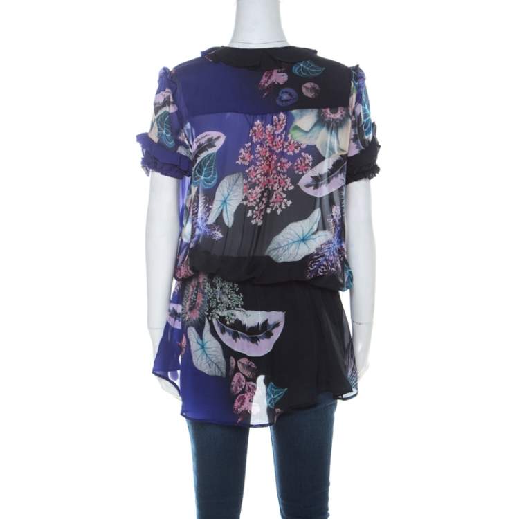 Pre Owned Roberto Cavalli Black and Purple Floral Printed Silk Elasticized Waist Sheer Top M