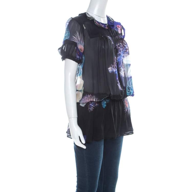 Pre Owned Roberto Cavalli Black and Purple Floral Printed Silk Elasticized Waist Sheer Top M