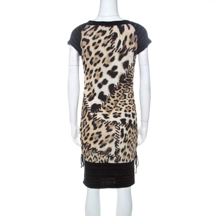 Pre Owned Roberto Cavalli Black and Brown Leopard Printed Jersey and Knit Short Dress S 