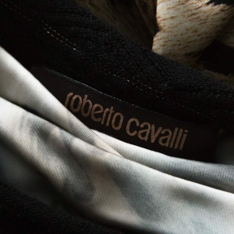 Pre Owned Roberto Cavalli Black and Brown Leopard Printed Jersey and Knit Short Dress S 