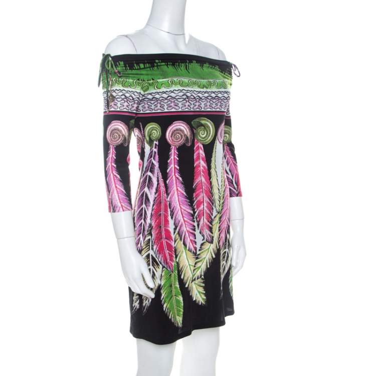 Pre Owned Roberto Cavalli Multicolour Print Ruched Shoulder Charm Detail Short Dress S