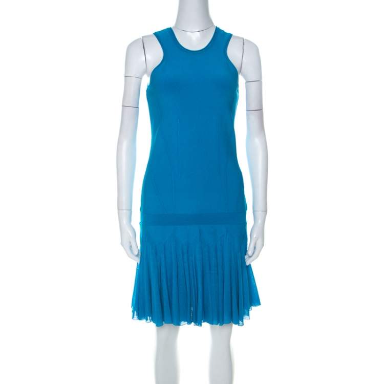 Pre Owned Roberto Cavalli Bright Blue Knit Sleeveless Ruffle Hem Detail Short Dress M 