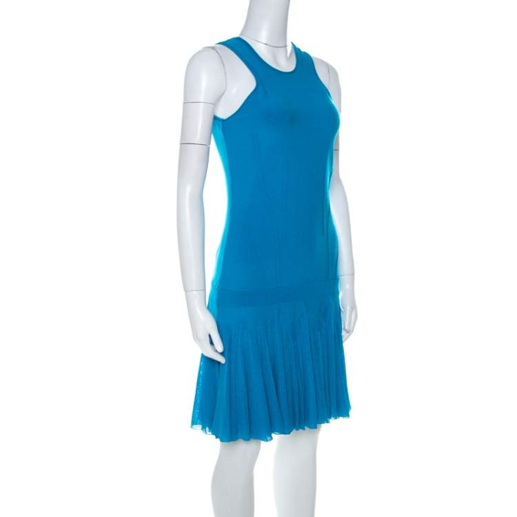Pre Owned Roberto Cavalli Bright Blue Knit Sleeveless Ruffle Hem Detail Short Dress M 