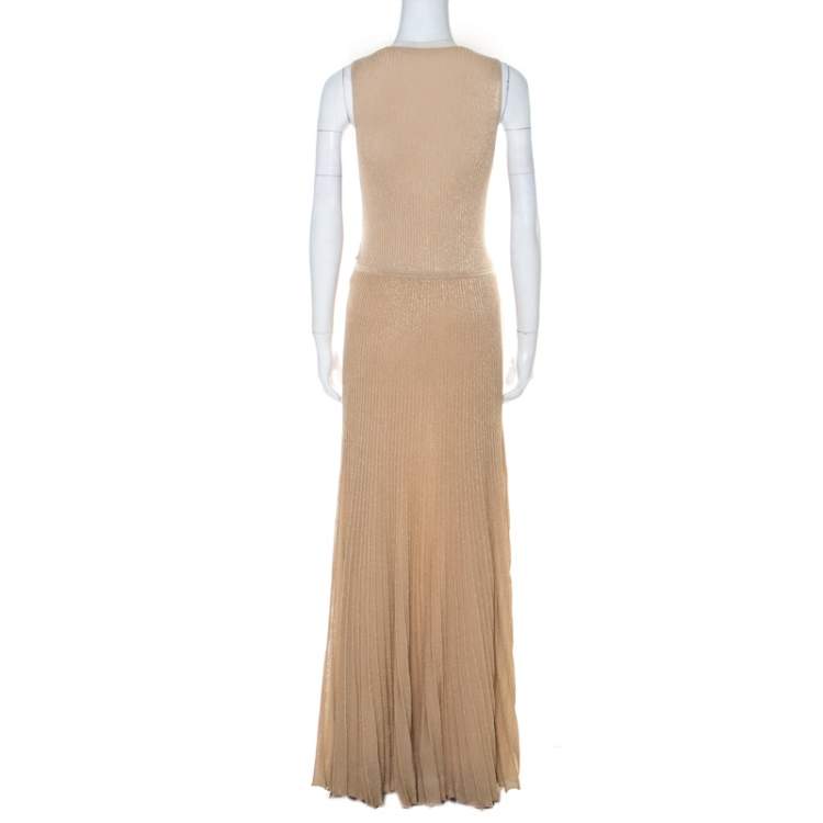 Pre Owned Roberto Cavalli Gold Rib Lurex Knit Waist Cut Out Detail Evening Dress M 