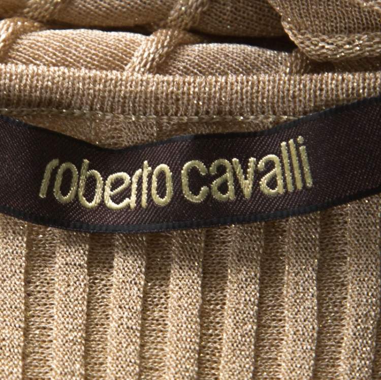 Pre Owned Roberto Cavalli Gold Rib Lurex Knit Waist Cut Out Detail Evening Dress M 