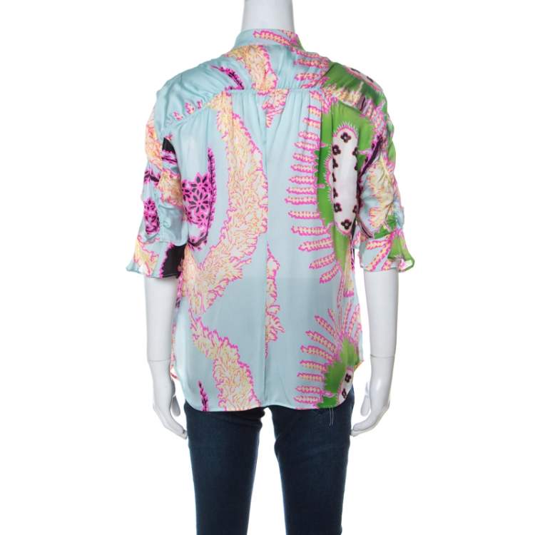 مملوكة مسبقًا Roberto Cavalli Multicolor Abstract Printed Silk Ruffle Sleeve Blouse M  