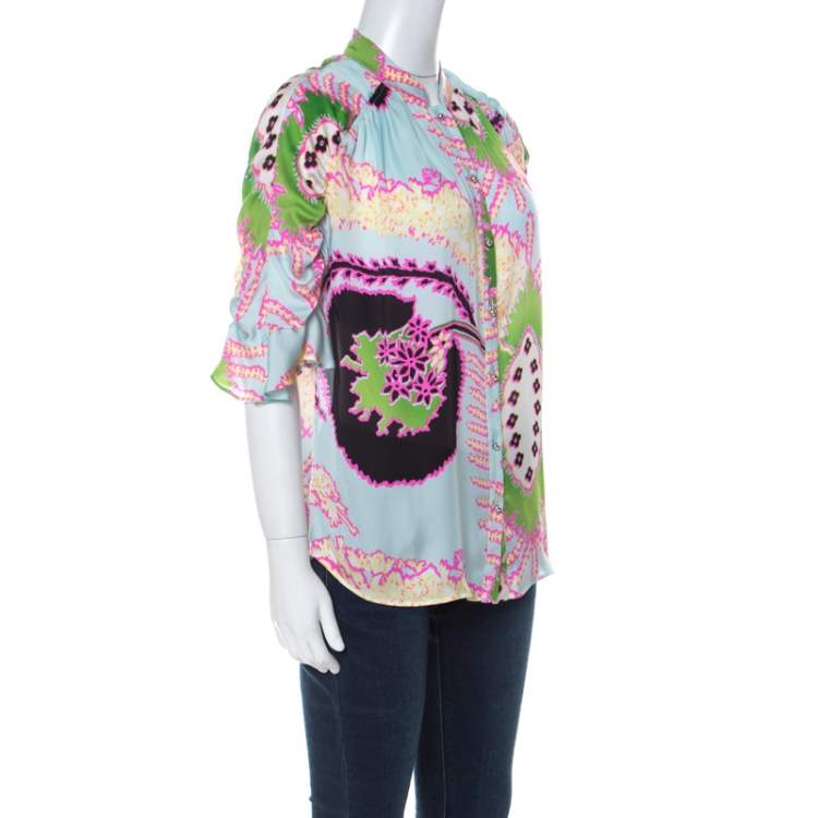 مملوكة مسبقًا Roberto Cavalli Multicolor Abstract Printed Silk Ruffle Sleeve Blouse M  