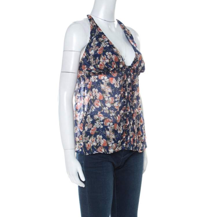 مملوكة مسبقًا Roberto Cavalli Blue Floral Print Silk Halter Blouse S